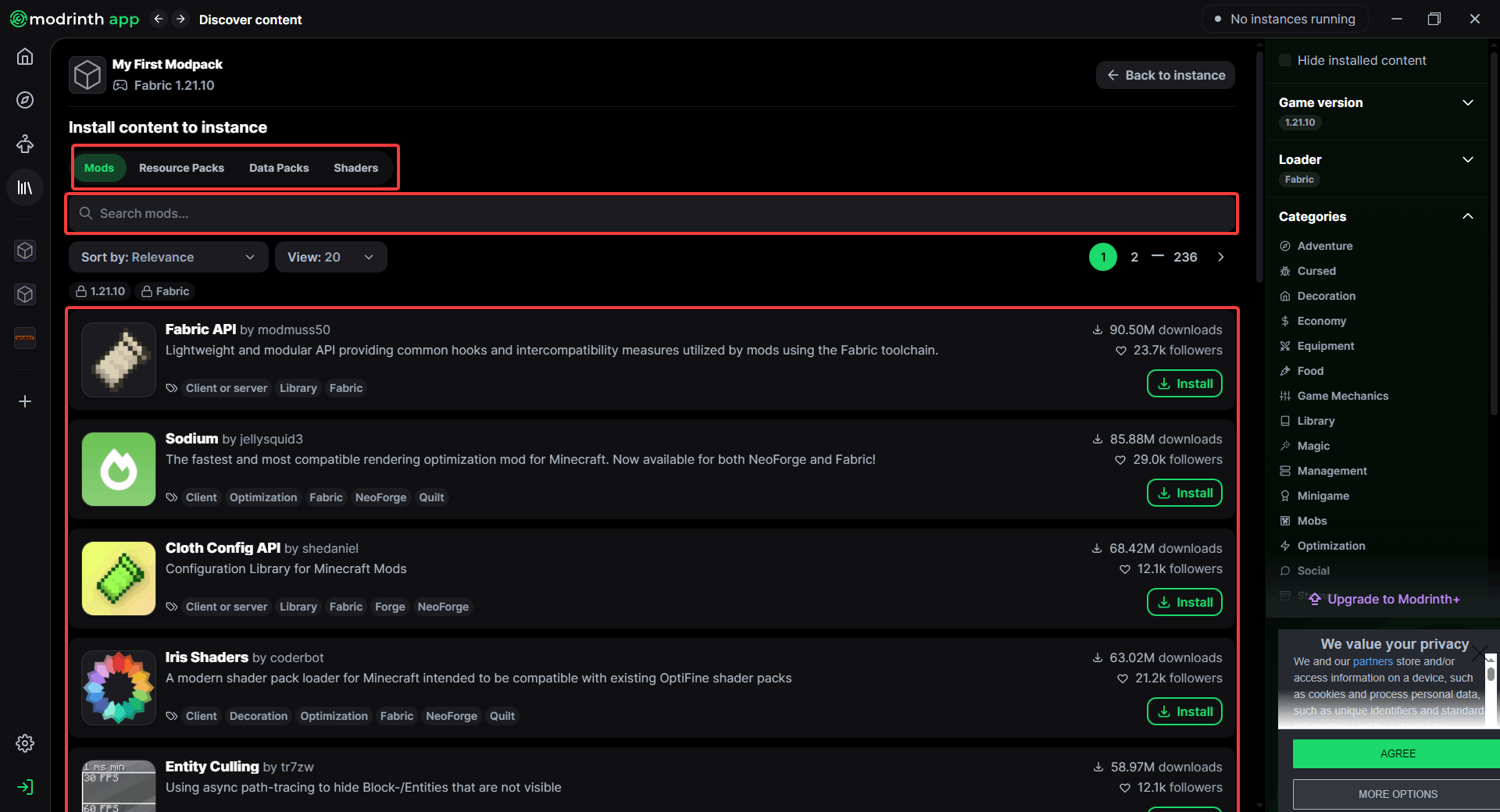 Searching for mods in the Modrinth browser